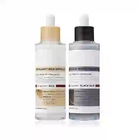 Radiant Rice Peeling Ampoule with rice water and niacinamide for exfoliating and brightening skin. Hydrating formula for a luminous glow.