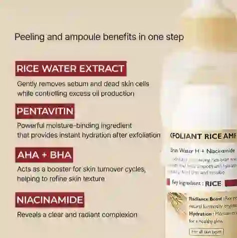 Radiant Rice Peeling Ampoule with rice water extract, AHA+BHA, and niacinamide for exfoliating, brightening, and hydrating skin in one step.