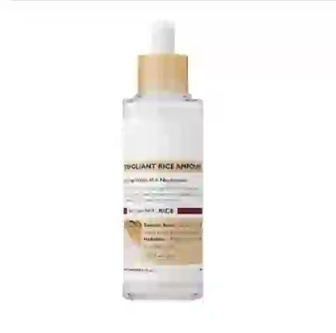 Radiant Rice Peeling Ampoule in clear dropper bottle with label highlighting rice extract and niacinamide for exfoliating and brightening skin.