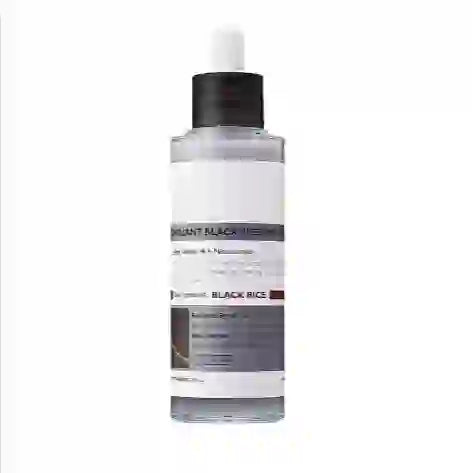 Radiant Rice Peeling Ampoule with black rice extract and niacinamide for exfoliating and brightening skin. Hydrating formula in a clear dropper bottle.