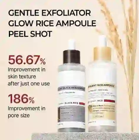 Radiant Rice Peeling Ampoule bottles with black and white caps shown on display. Exfoliating glow ampoule improves skin texture and pore size.